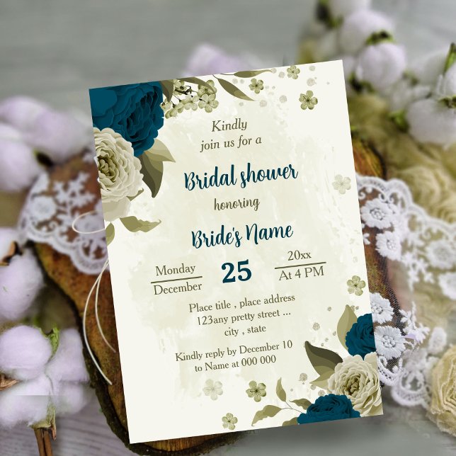 Invitación Flores beige azul verde azuladas ducha de novia bo (Subido por el creador)