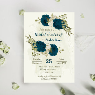 Invitación Flores beige azul verde azuladas ducha de novia bo