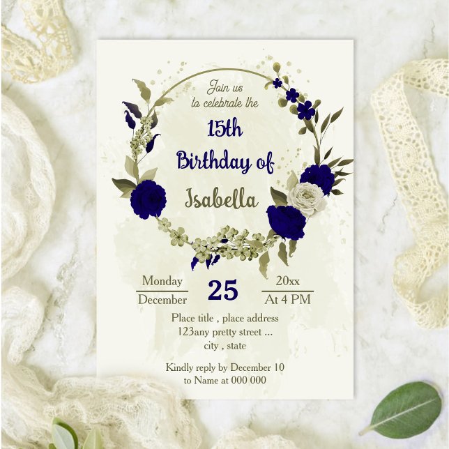 Invitación Flores beige azules reales cumpleaños botánicos (Subido por el creador)