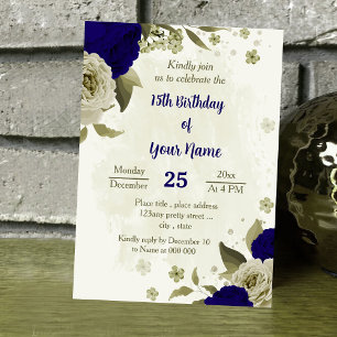 Invitación Flores beige azules reales cumpleaños botánicos