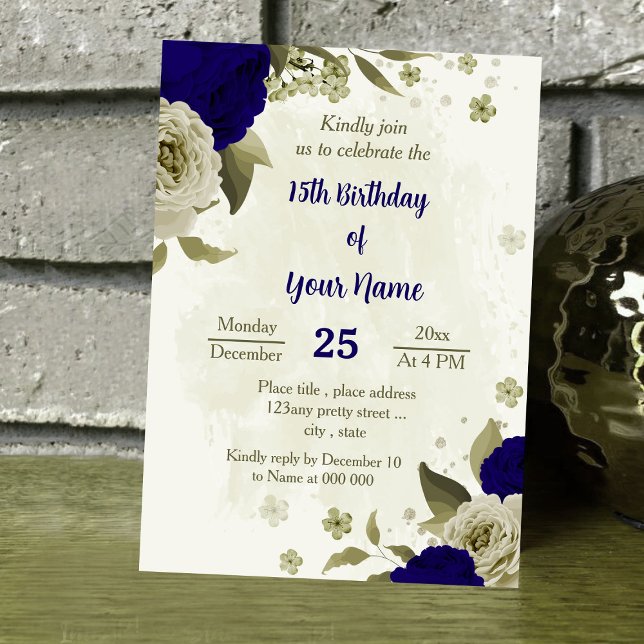 Invitación Flores beige azules reales cumpleaños botánicos (Subido por el creador)