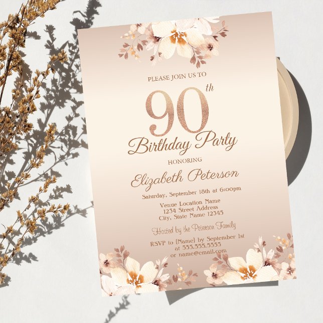 Invitación Flores beige elegantes Cumpleaños 90   (Subido por el creador)