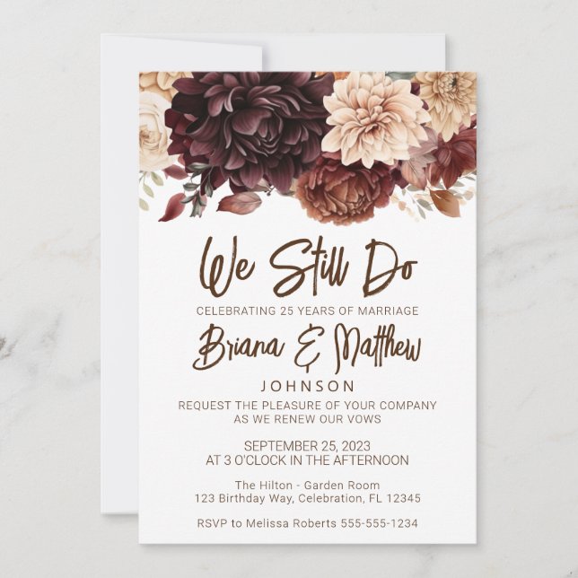 Invitación Flores beige marrón Boda floral renovación de voto (Anverso)