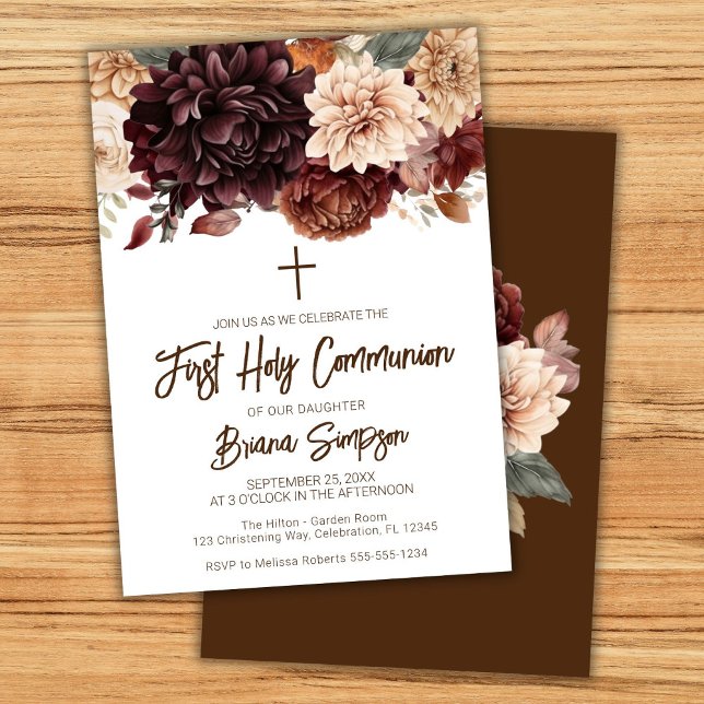 Invitación Flores beige marrones florales Primera Comunión (Subido por el creador)