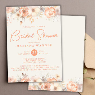 Invitación Flores beige melocotón en regadera de novia marfil