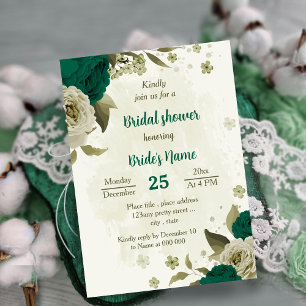 Invitación flores beige verde esmeralda ducha de novia