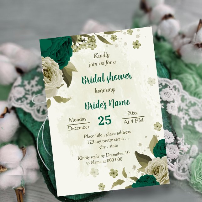 Invitación flores beige verde esmeralda ducha de novia (Subido por el creador)