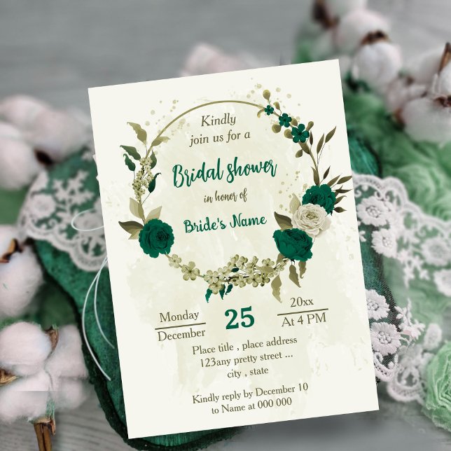 Invitación flores beige verde esmeralda ducha de novia (Subido por el creador)