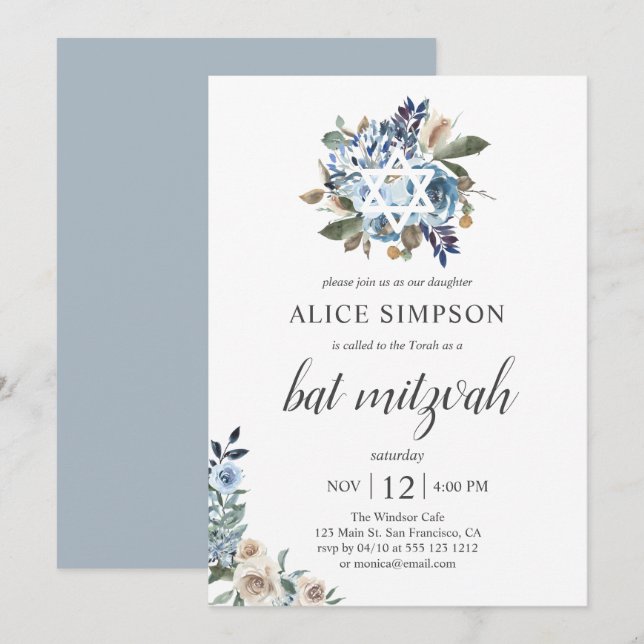 Invitación Flores beiges azules de Boho Dusty Bat Mitzvah (Anverso / Reverso)