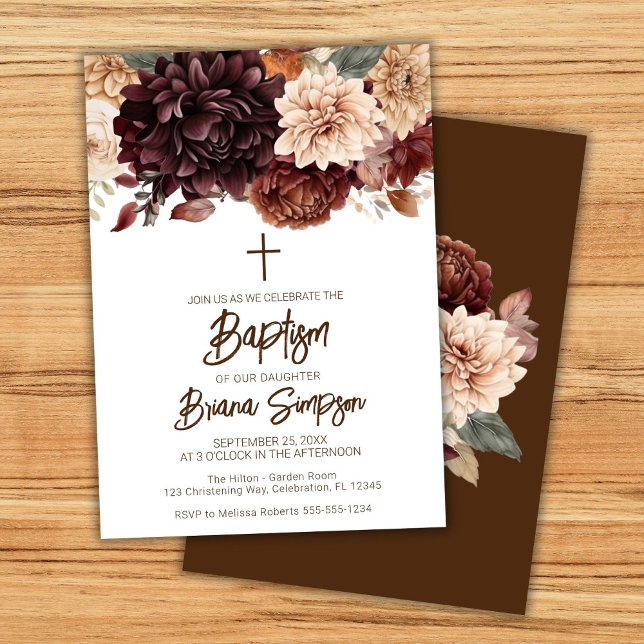 Invitación Flores beiges marrones bautizos florales (Subido por el creador)