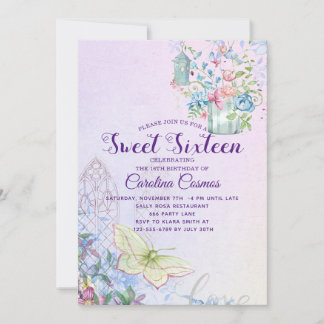 Invitación Flores Bird House Butterfly Sweet 16