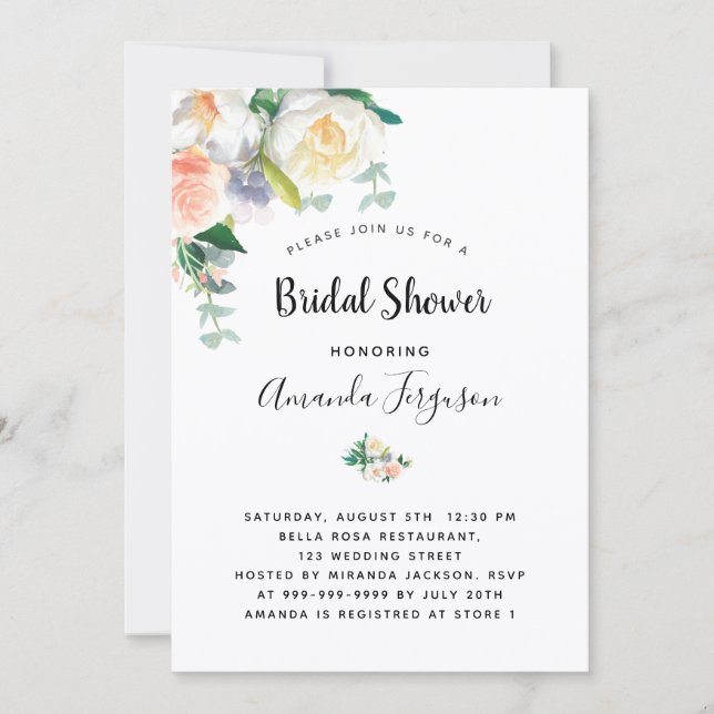 Invitación Flores blanca rosa dorado rosado ducha de novia (Anverso)