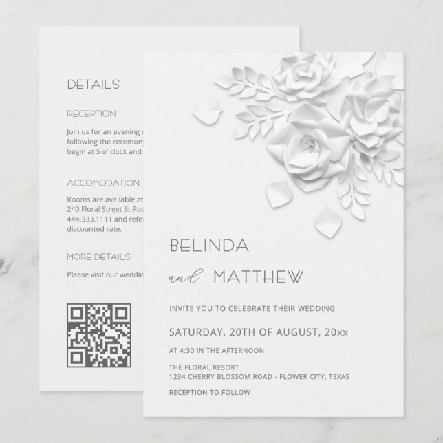 Invitación Flores blancas 3D Boda informal todo en uno  (Anverso / Reverso)