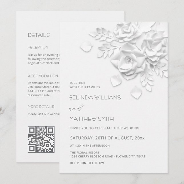 Invitación Flores blancas 3D Boda todo en uno  (Anverso / Reverso)