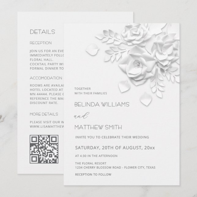 Invitación Flores blancas 3D Boda todo en uno  (Anverso / Reverso)