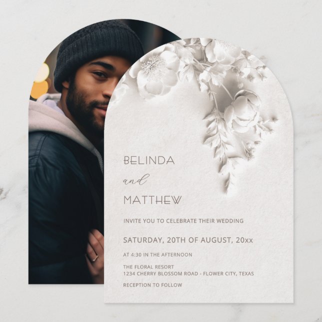 Invitación Flores Blancas 3D Rosas Bodas Casuales (Anverso / Reverso)