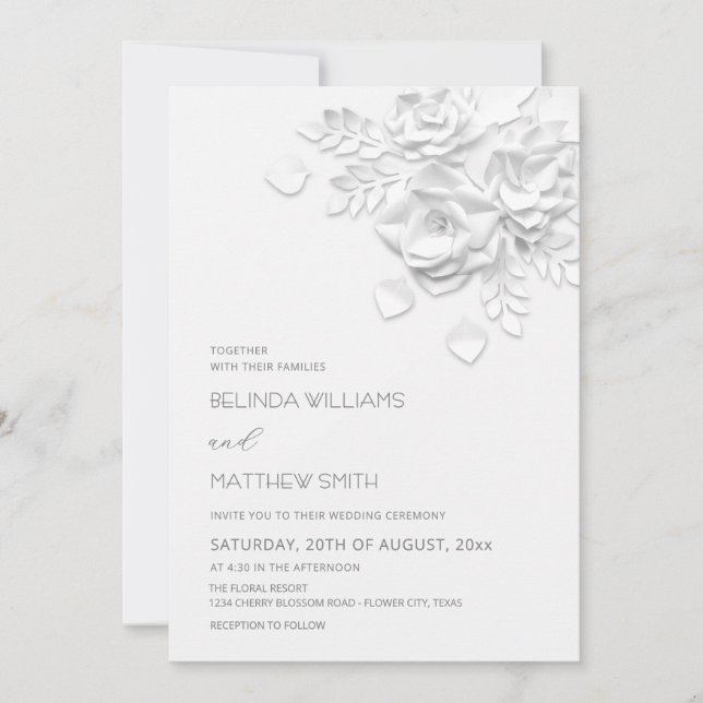 Invitación Flores Blancas 3D Rosas Bodas Sencillas (Anverso)