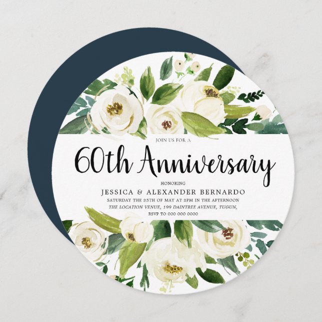 Invitación Flores Blancas 60º 65º 70º Aniversario de Boda (Anverso / Reverso)