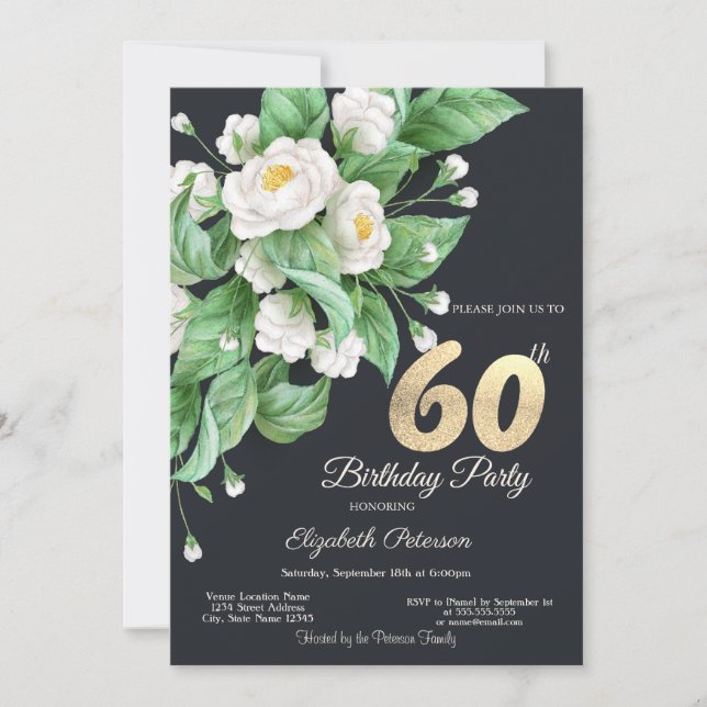 Invitación Flores blancas 60 cumpleaños (Anverso)