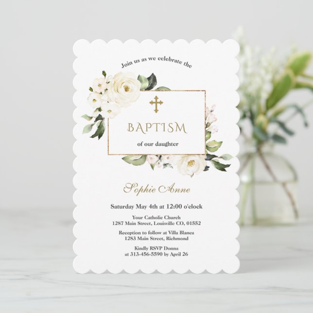 Invitación Flores blancas acuarelas Subió bautismo de oro (Anverso de pie)