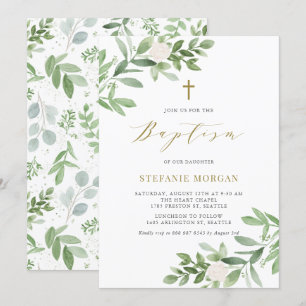 Invitación Flores blancas acuarelas y bautismo de vegetación