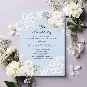 Invitación Flores blancas azul 25 aniversario de bodas