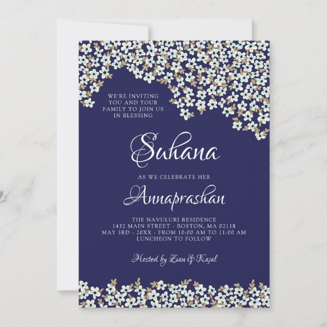 Invitación Flores blancas azul Annaprashan (Anverso)