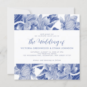 Invitación Flores blancas azules Chinoiserie Moda cuadrada Bo