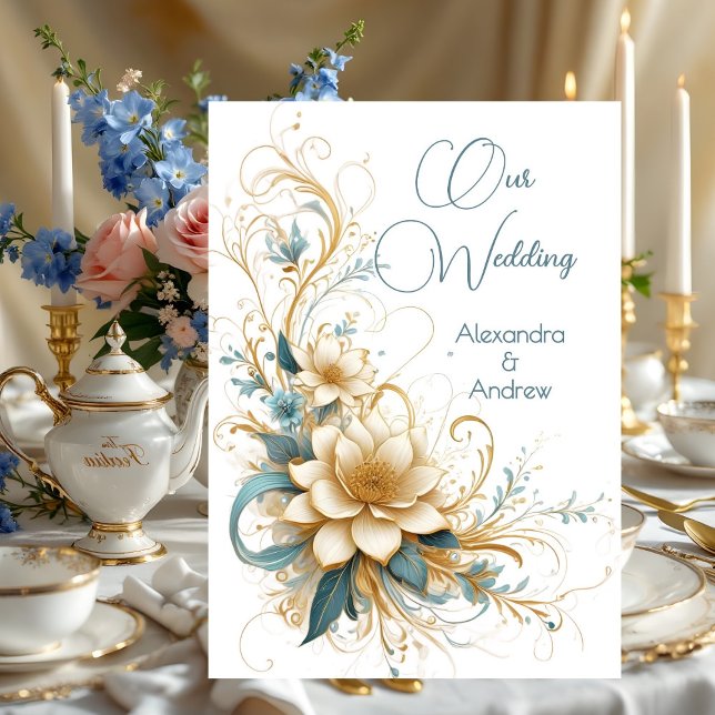 Invitación Flores blancas azules de bodas elegantes (Subido por el creador)