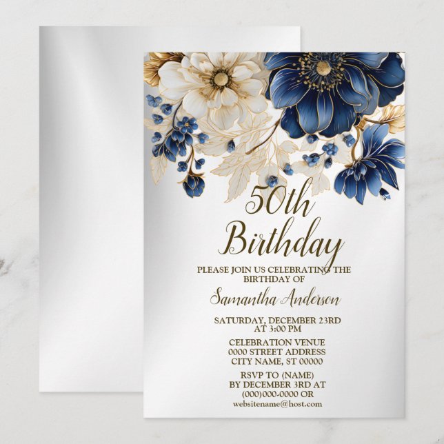 Invitación Flores blancas azules de la Marina de los Nacimien (Anverso / Reverso)