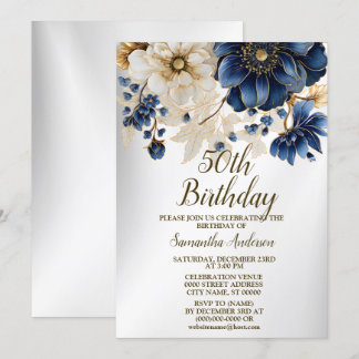 Invitación Flores blancas azules de la Marina de los Nacimien