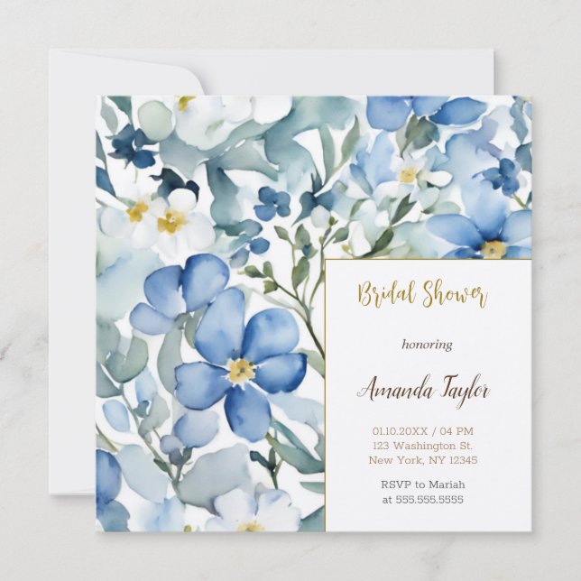 Invitación Flores blancas azules Moda acuarela ducha de novia (Anverso)