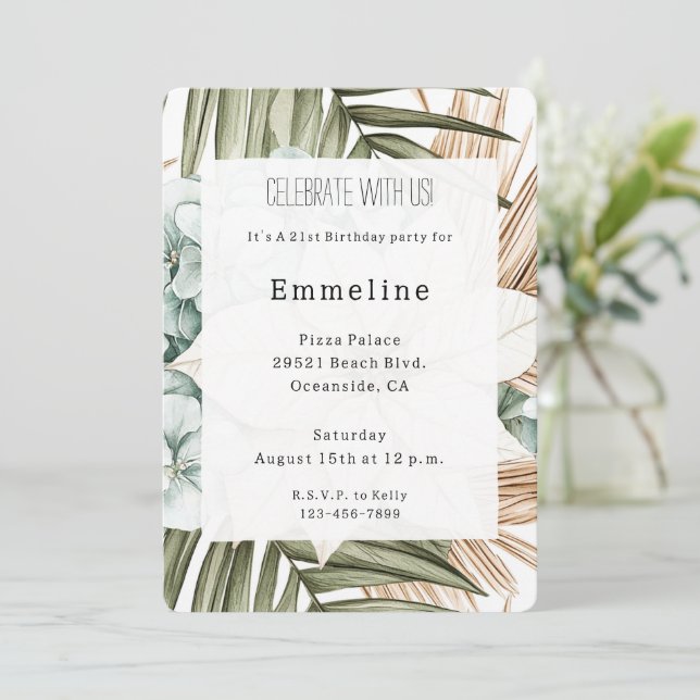 Invitación Flores Blancas Azules Tropicales Cumpleaños   (Anverso de pie)