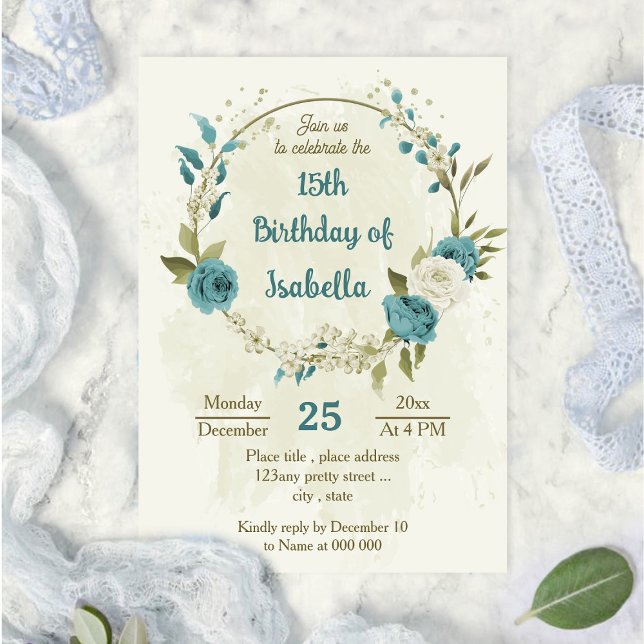 Invitación flores blancas azules vegetación cumpleaños (Subido por el creador)