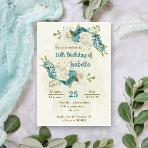 Invitación flores blancas azules vegetación cumpleaños