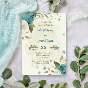 Invitación flores blancas azules vegetación cumpleaños