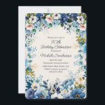 Invitación Flores blancas azules y polvorientas 90 cumpleaños<br><div class="desc">Elegante marina y polvoriento azul con acuarela blanca floral 90 cumpleaños invitación a fiesta para mujeres. Esta invitación está diseñada para cumplir 90 años, pero puede ser personalizada para cualquier persona de cualquier edad. Compra las invitaciones con los bordes redondeados de esta tarjeta o elige entre otras formas de la...</div>