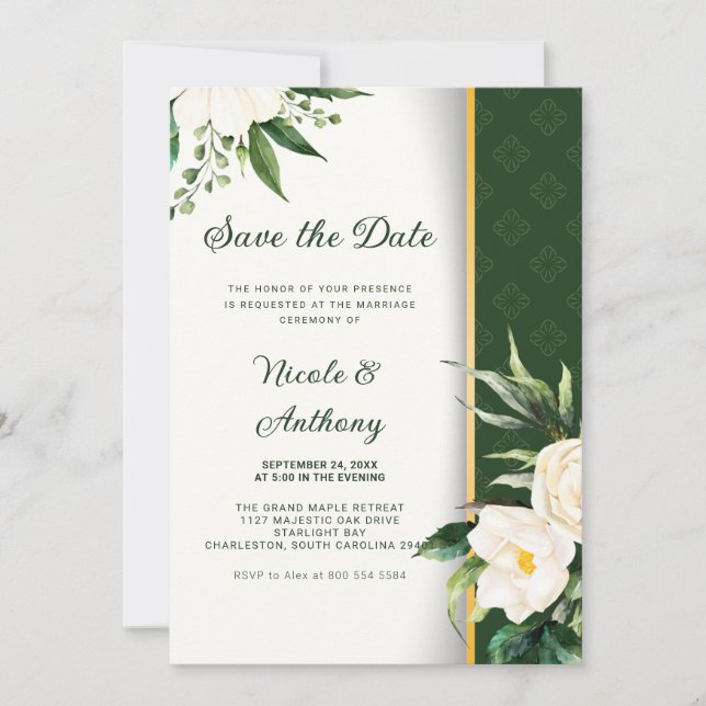 Invitación Flores Blancas Banda De Oro Guardar La Fecha (Anverso)