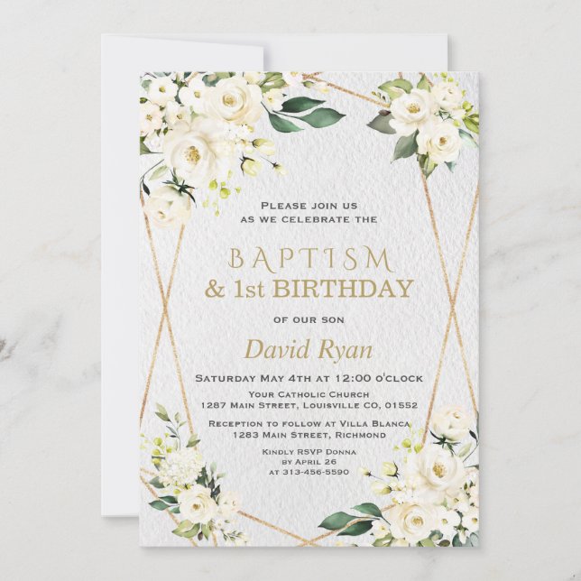 Invitación Flores blancas Bautismo de Oro Primer Fiesta de Cu (Anverso)