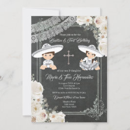 Invitación Flores blancas bautismo y Fiesta gemela  