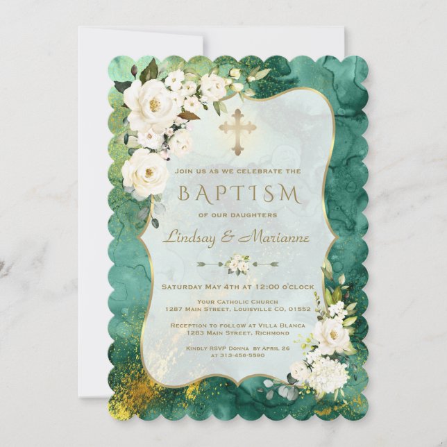 Invitación Flores blancas bautizan a gemelos de oro malaquita (Anverso)