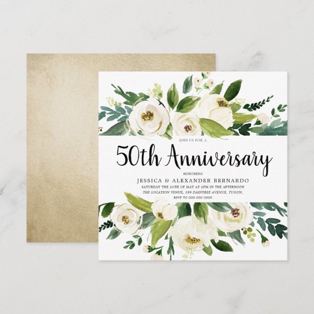 Invitación Flores Blancas Bodas de Oro 50 Aniversario de Boda (Anverso / Reverso)