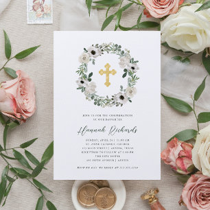 Invitación Flores blancas bonitos Hojas verdes Confirmación