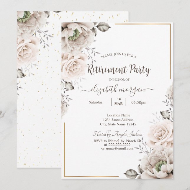 Invitación Flores blancas chic jubilación     (Anverso / Reverso)