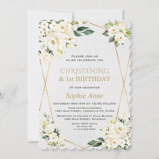 Invitación Flores Blancas Christening Primer Fiesta de Cumple (Anverso)