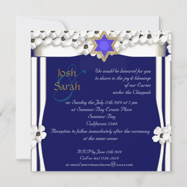 Invitación Flores blancas chuppah boda judío (Anverso)