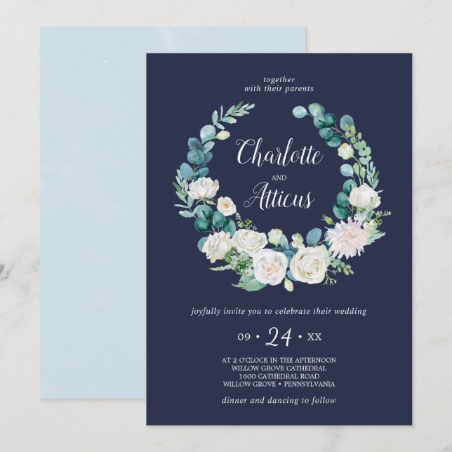 Invitación Flores blancas clásicas | Boda militar de Wreath C (Anverso / Reverso)