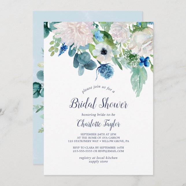 Invitación Flores blancas clásicas ducha de novia (Anverso / Reverso)