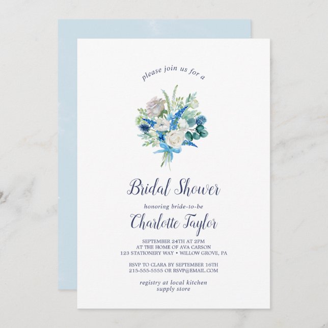 Invitación Flores blancas clásicas ducha de novias Bouquet (Anverso / Reverso)