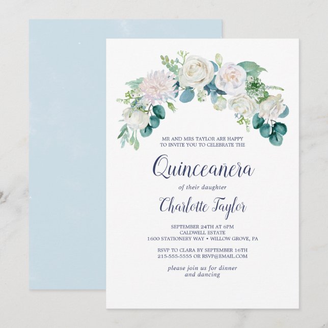 Invitación Flores blancas clásicas Quinceañera (Anverso / Reverso)
